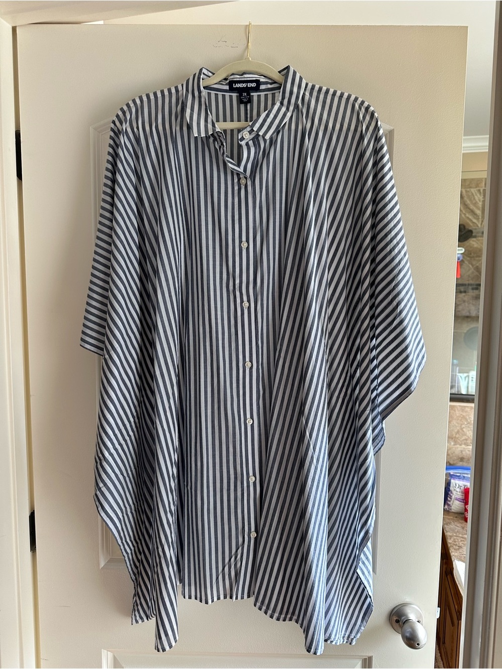Lands' End Women’s Grey & White Striped Button-Up Cover Up Shirt 2X